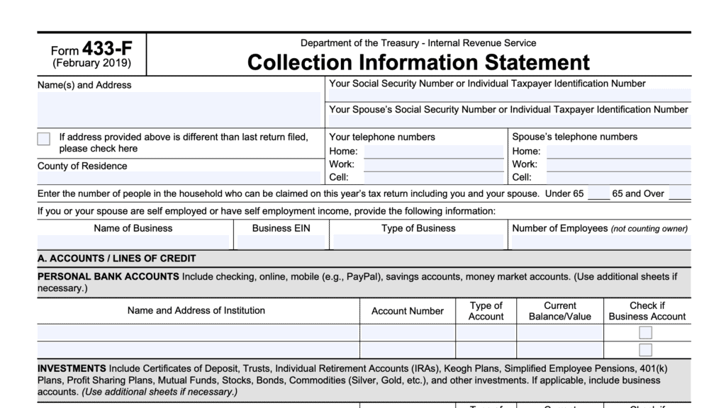 irs form 433-f, collection information statement