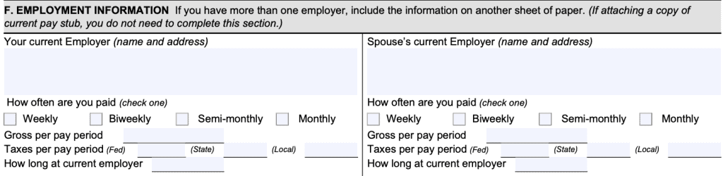 In Section F, you'll include your employment information, including payroll data