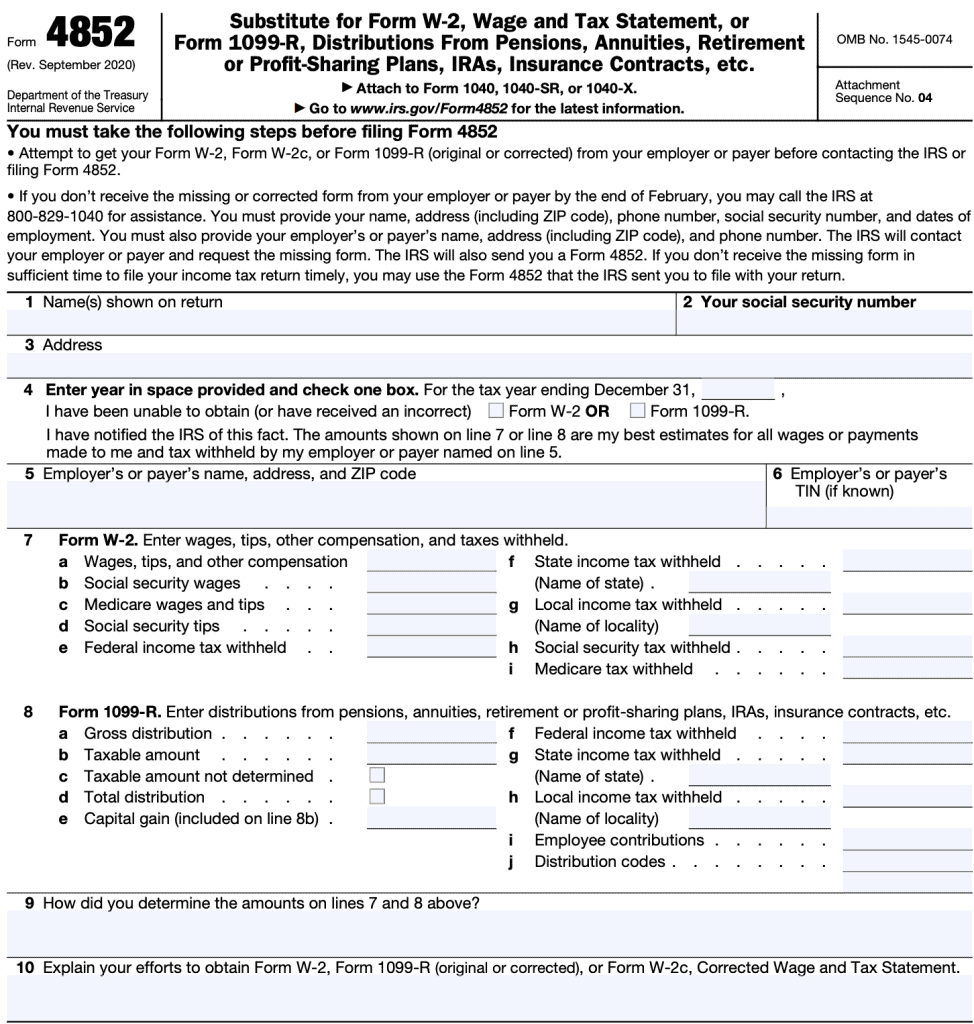IRS Form 4852