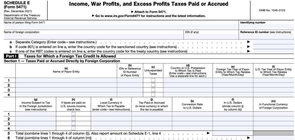 Form 5471 Schedule E, Part I, Section 1 contains taxes paid or accrued directly by the foreign corporation