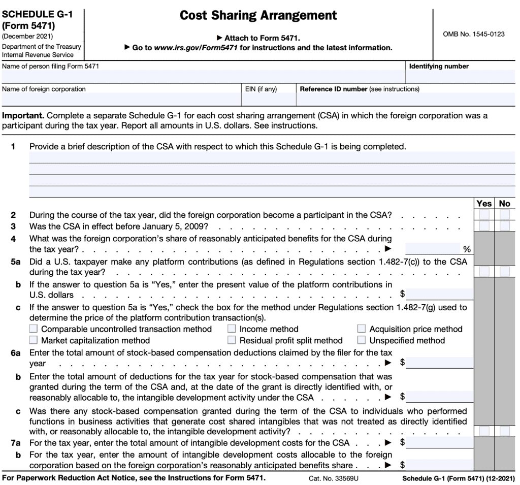 IRS Form 5471 Schedule G-1, reports on cost sharing arrangements during the tax year