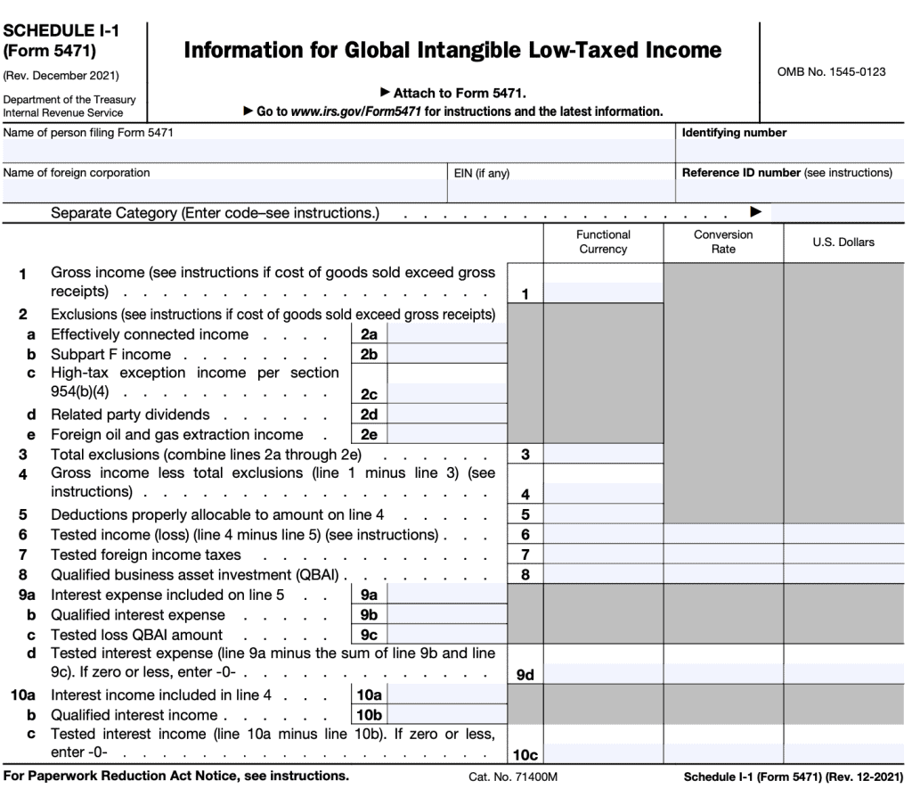 irs form 5471 schedule I-1 contains information for global intangible low-taxed income purposes.