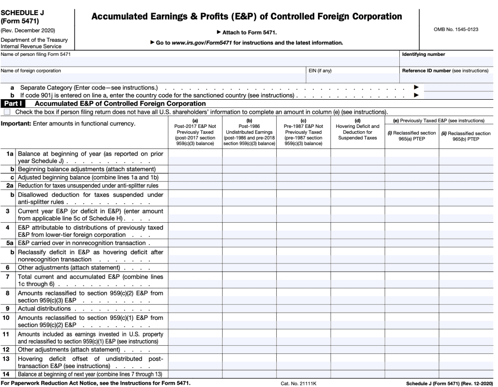 IRS Form 5471 Schedule J: Accumulated E&P of a controlled foreign corporation.