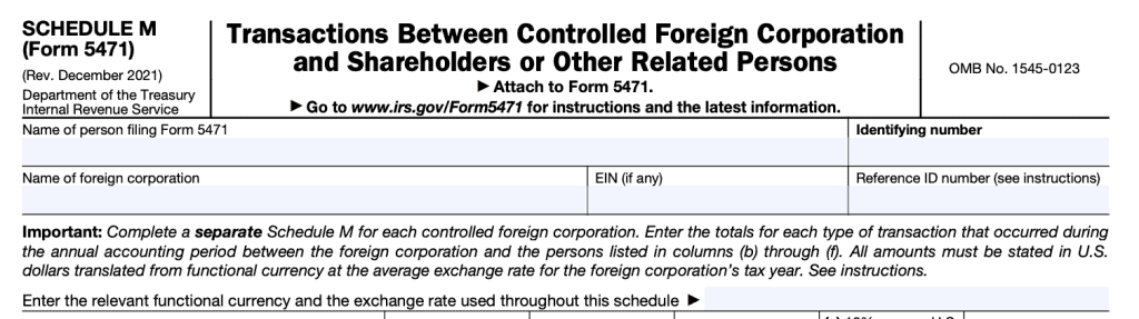 IRS Form 5471 Schedule M lists transactions between CFC and shareholders