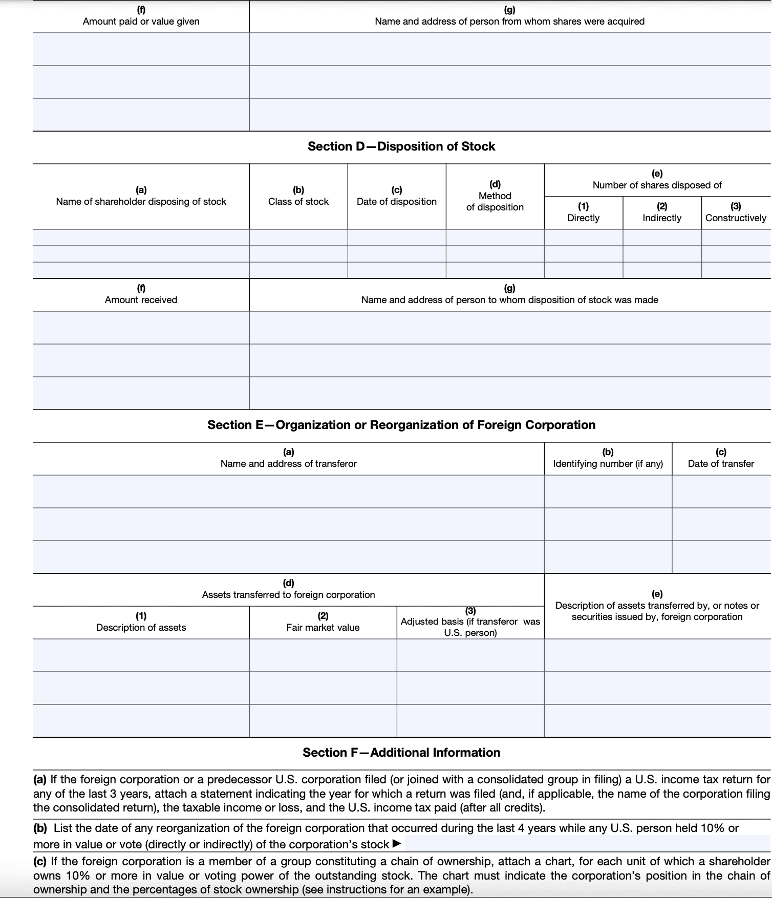 Schedule O, Part II is to be completed by U.S. shareholders:
Section D: Disposition of Stock
Section E: Organization or reorganization of foreign corporation
Section F: Additional information