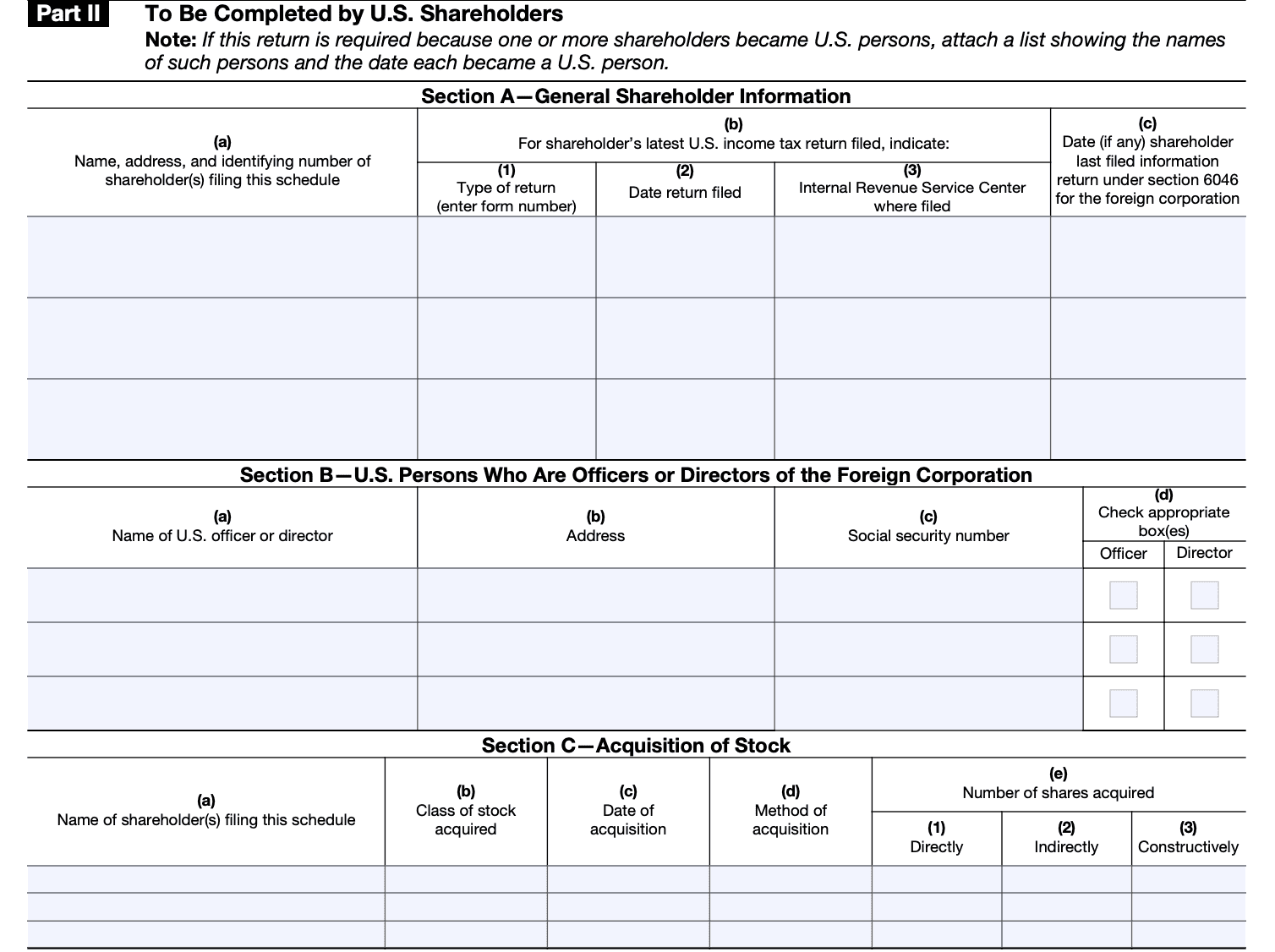 Schedule O, Part II is to be completed by U.S. shareholders:
Section A: General shareholder information
Section B: U.S. persons who are officers or directors of the foreign corporation
Section C: Acquisition of Stock
