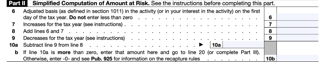 IRS Form 6198 Part II provides a simplified computation of the amount of investment at risk