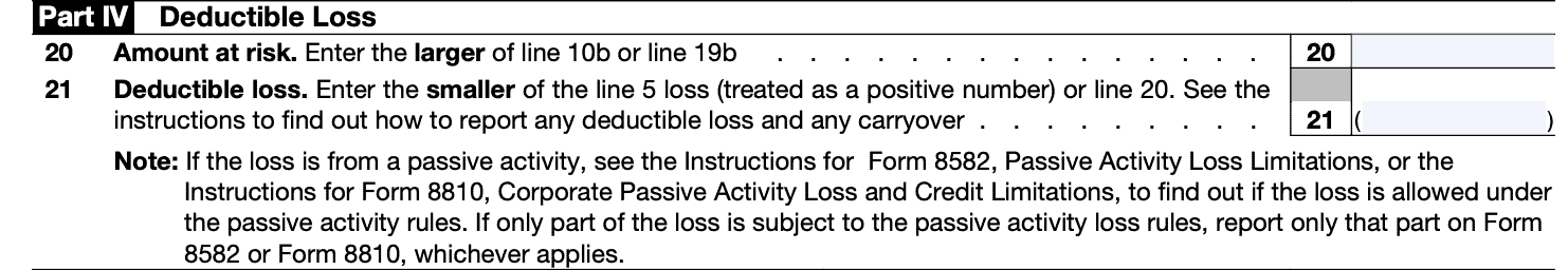 IRS Form 6198 Part IV provides the amount of deductible loss.