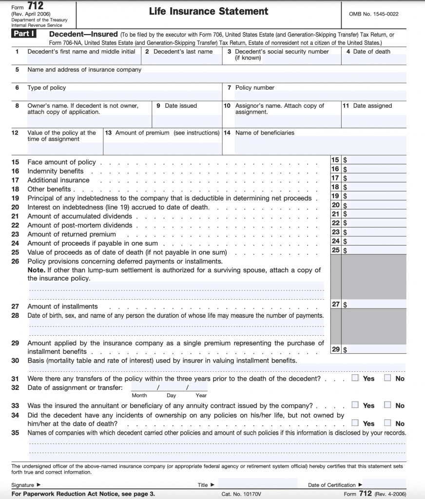IRS Form 712, Part I contains insurance information about the decedent