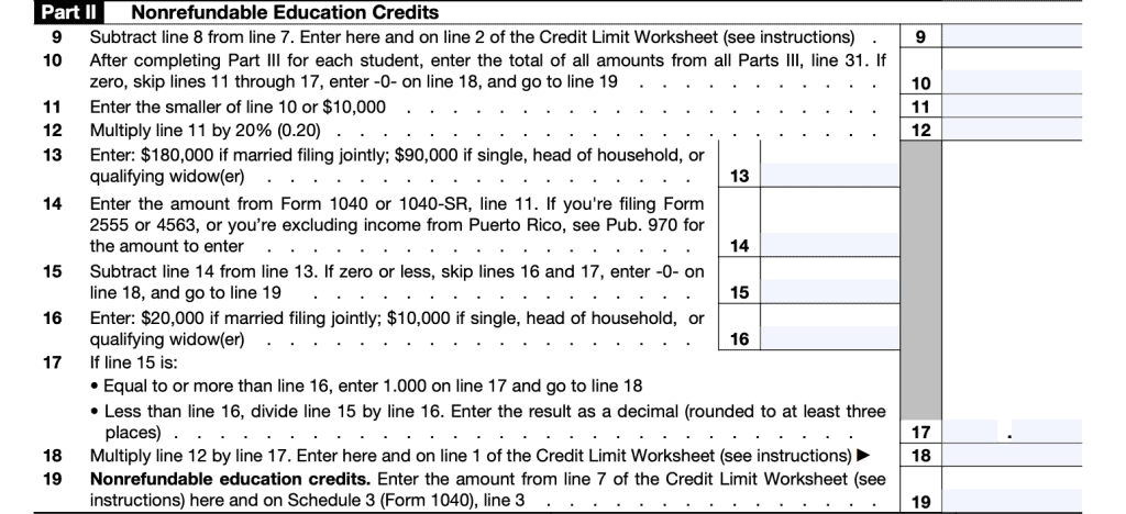 In IRS Form 8863 Part II, you'll calculate the amount of nonrefundable education credits, like the lifetime learning credit.