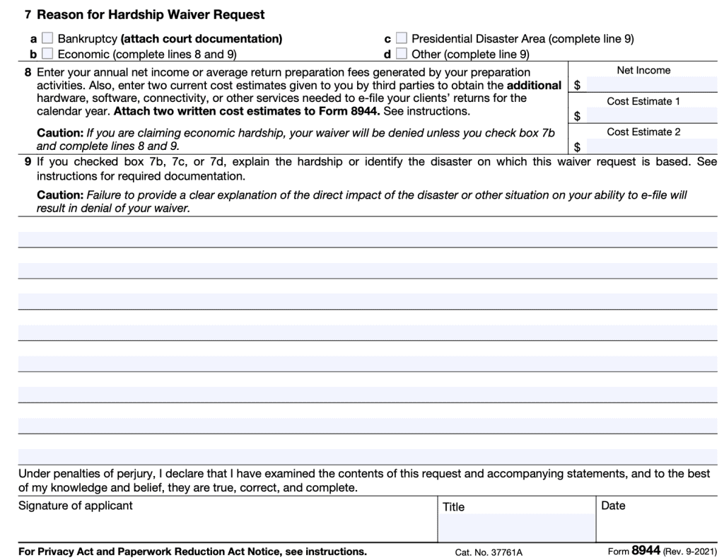 The bottom portion of IRS Form 8944 contains the reason for hardship waiver request, net income, and signature field