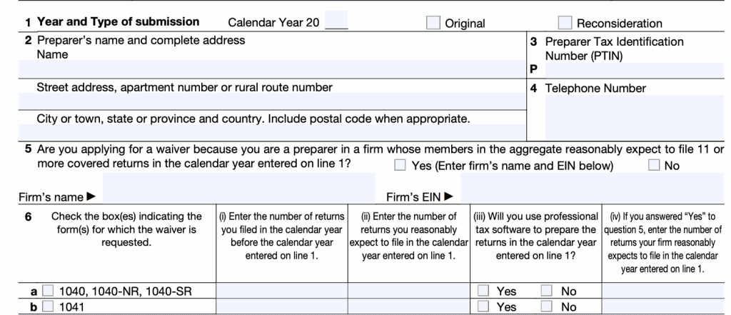 The top portion of IRS Form 8944 contains the tax preparer's information and the number of tax returns they intend to file in the coming tax season