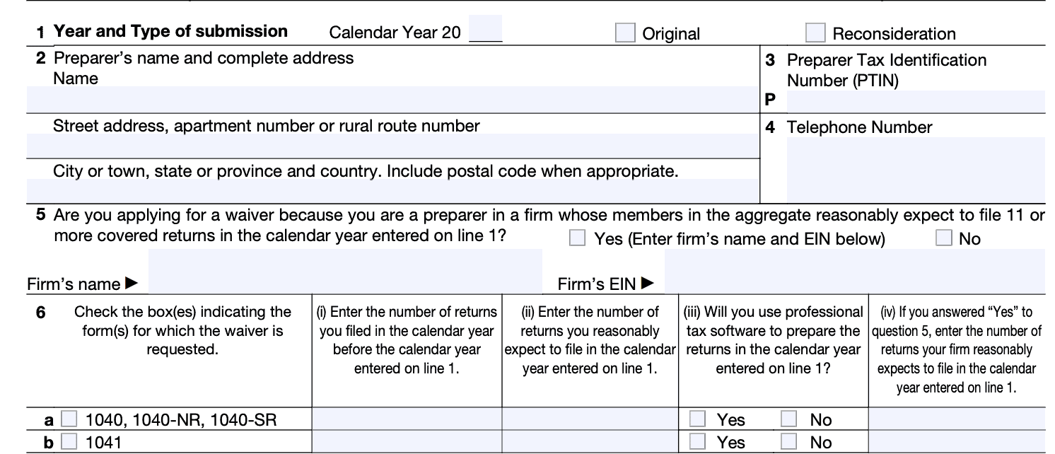 The top portion of IRS Form 8944 contains the tax preparer's information and the number of tax returns they intend to file in the coming tax season