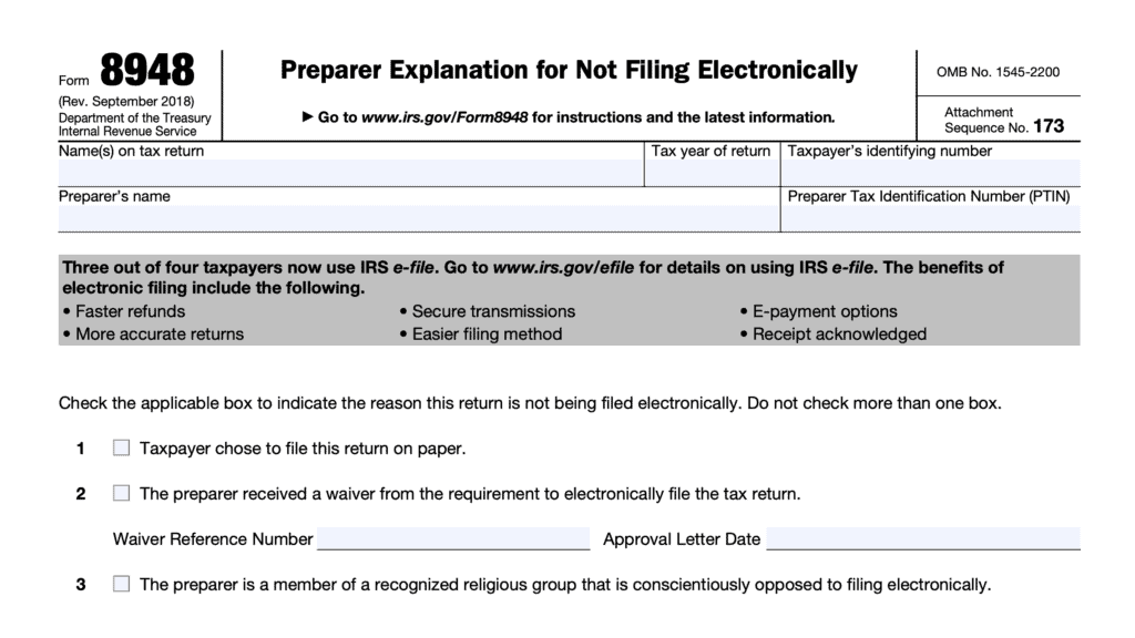 irs form 8948, preparer explanation for not filing electronically