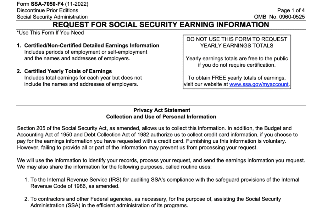 SSA Form 7050-F4, request for social security earnings information