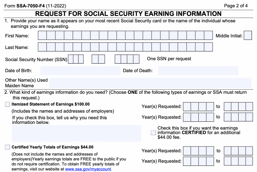 form ssa-7050-f4: request for social security earning information
