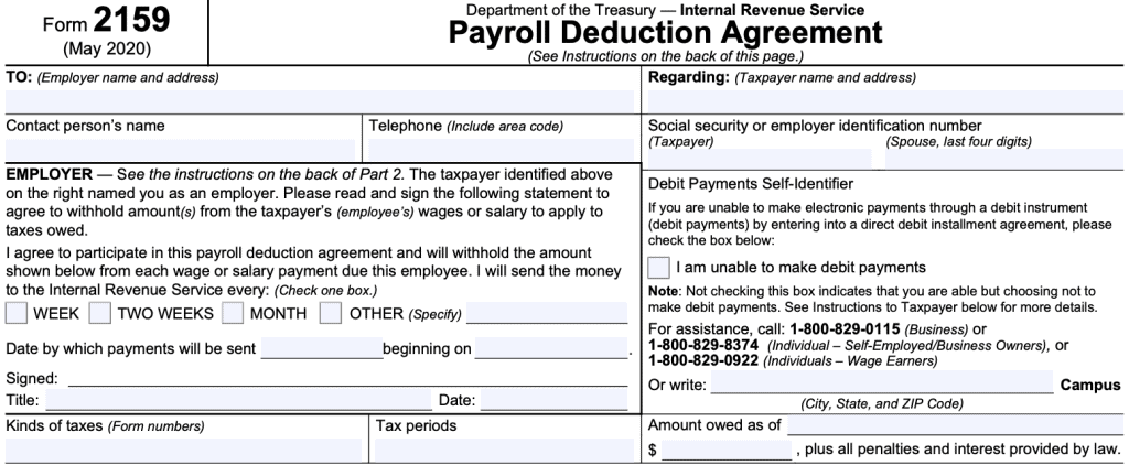 irs form 2159: Payroll deduction agreement, top of form