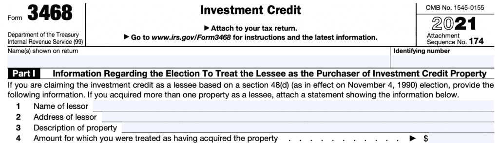 irs form 3468, Part I: Information regarding the election to treat the lessee as the purchaser of investment credit property