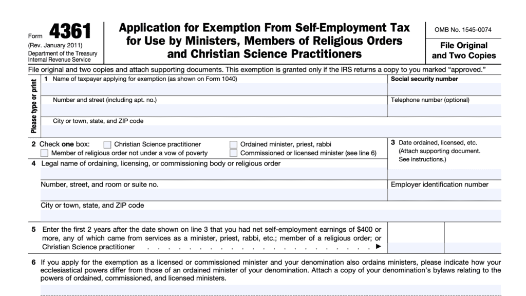 irs form 4361, Application for Exemption From Self-Employment Tax for Use by Ministers, Members of Religious Orders and Christian Science Practitioners
