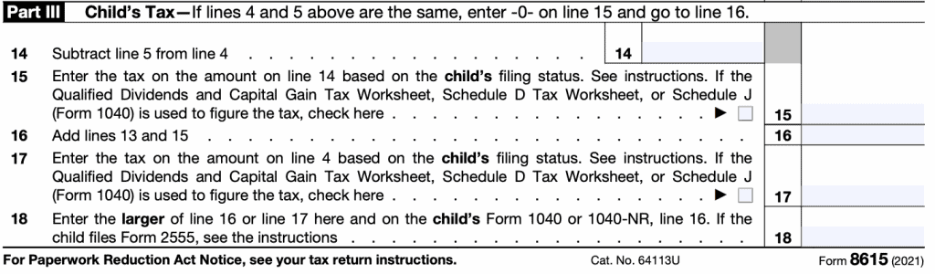 irs form 8615 part III calculates the child's tax