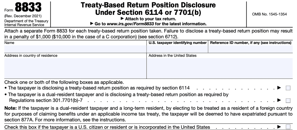 irs form 8833: Treaty-based return position disclosure under Section 6114 or 7701(b)