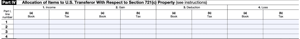 Schedule G, Part IV contains allocation of items to U.S. transferor regarding Section 721(c) property