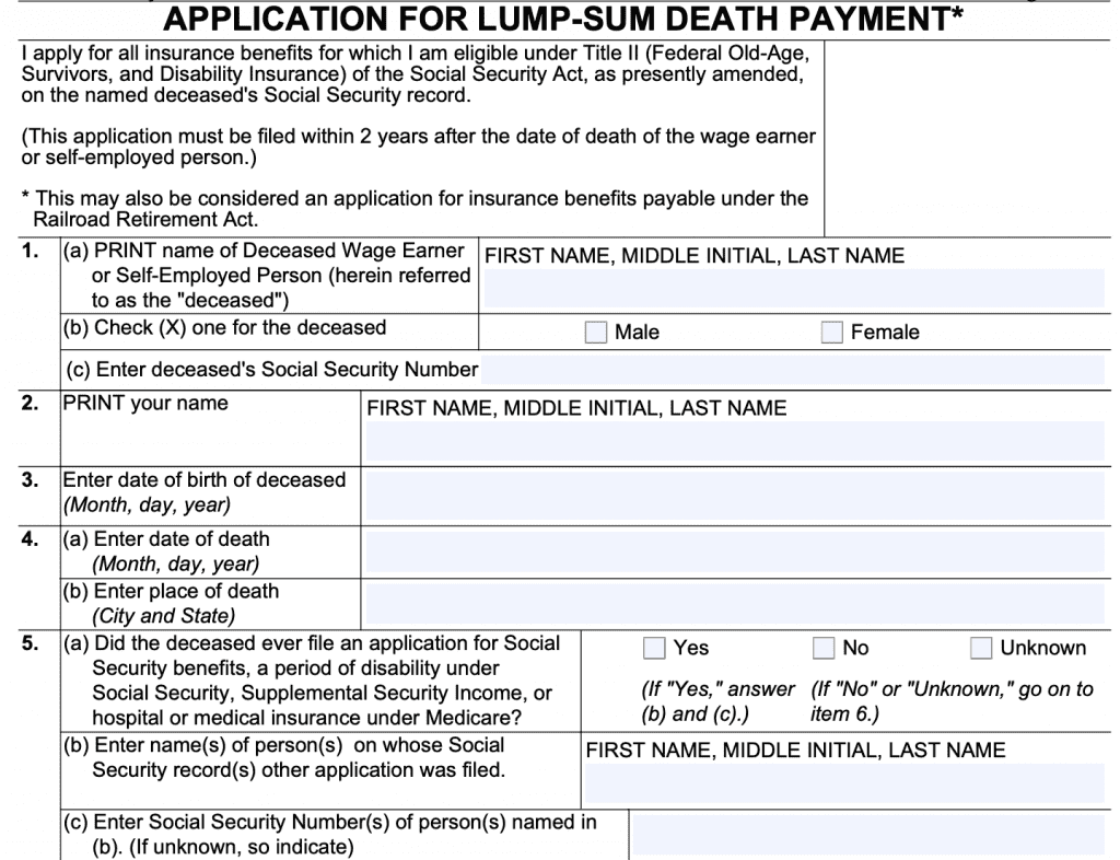 form ssa-8, application for lump-sum death payment, questions 1-5