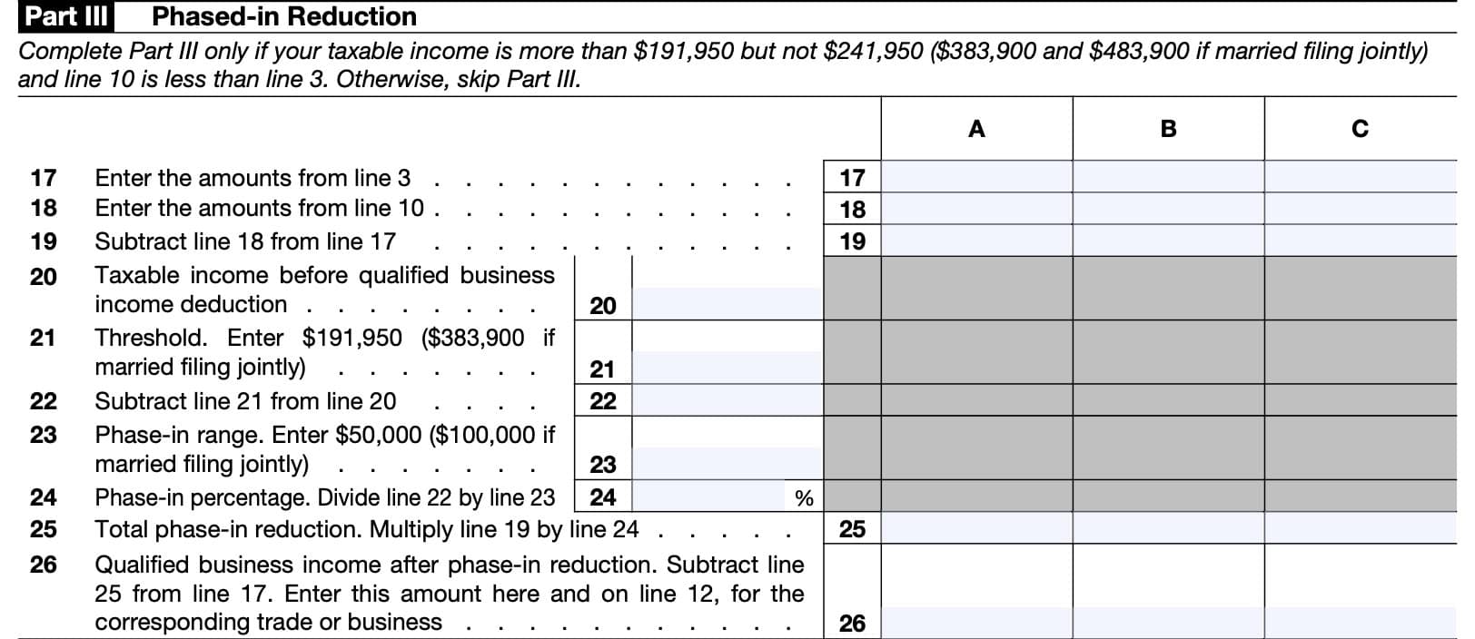 IRS Form 8995-A, Part III: phased-in reduction