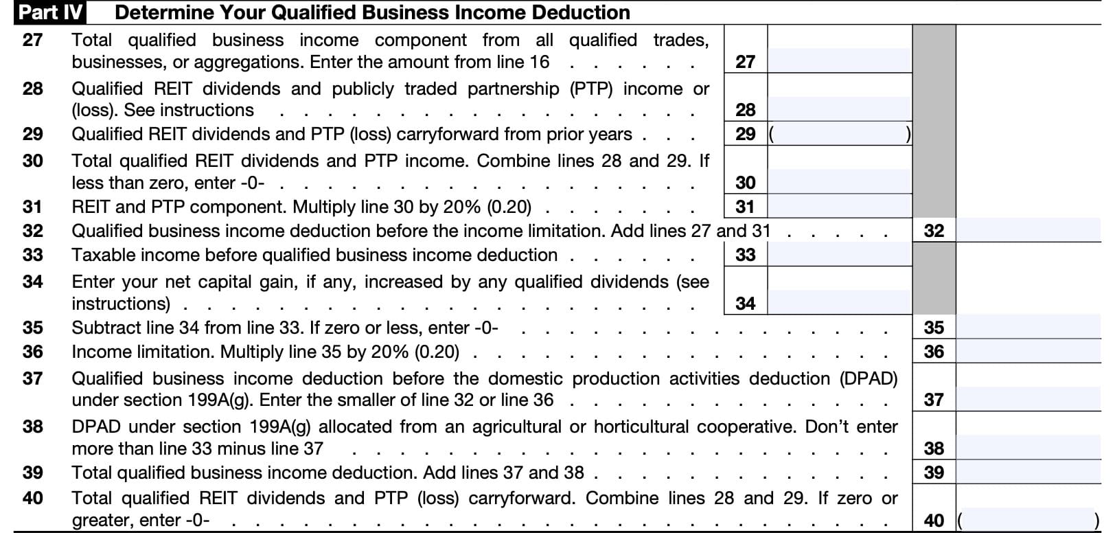irs form 8995-a, part IV: Determine your qualified business income deduction
