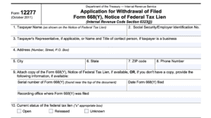 irs form 12277, Application for Withdrawal of Filed Form 668(Y), Notice of Federal Tax Lien
