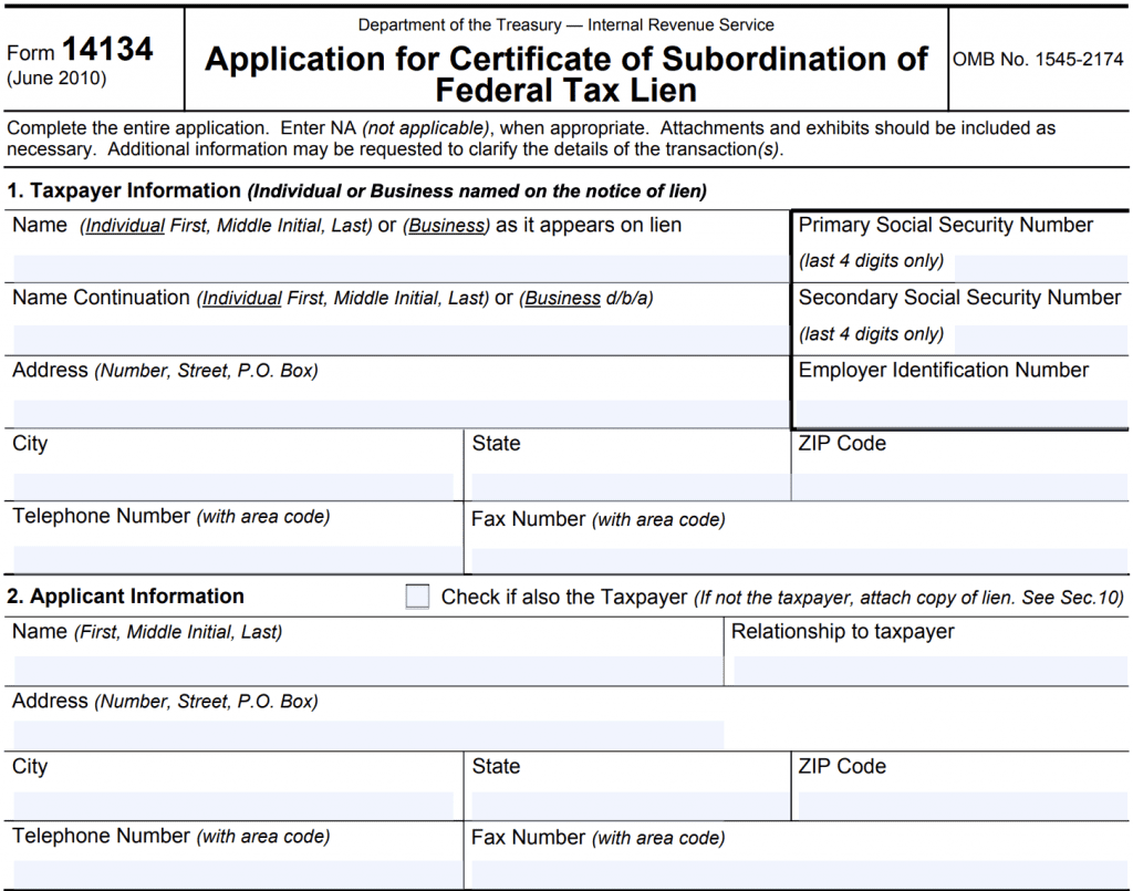 irs form 14134, application for certificate of subordination of federal tax lien, lines 1 and 2