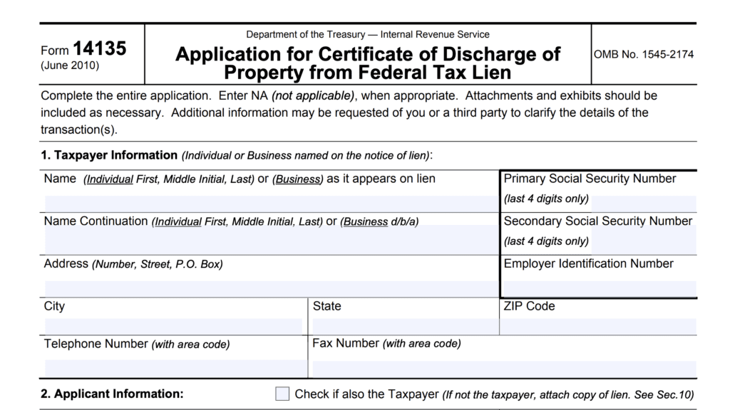 irs form 14135, application for certificate of discharge of property from federal tax lien