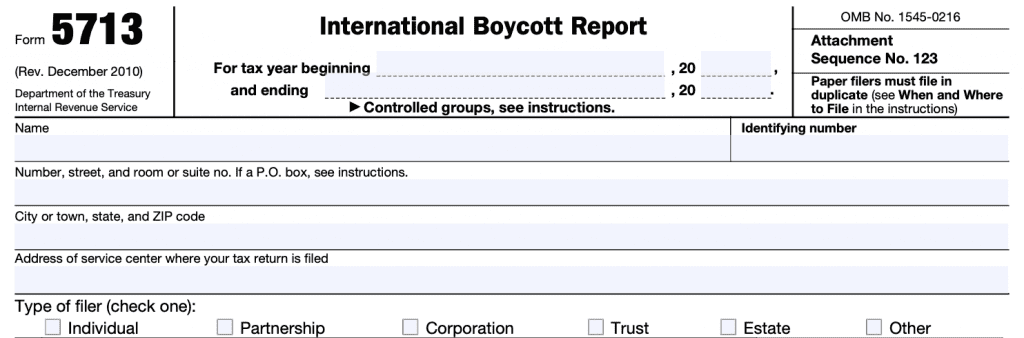 IRS Form 5713: International Boycott report contains the taxpayer information at the top of the form