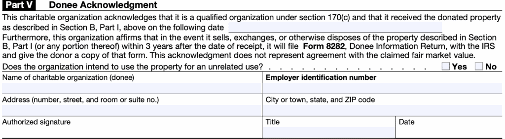 IRS Form 8283, Section B, Part V: Donee Acknowledgement