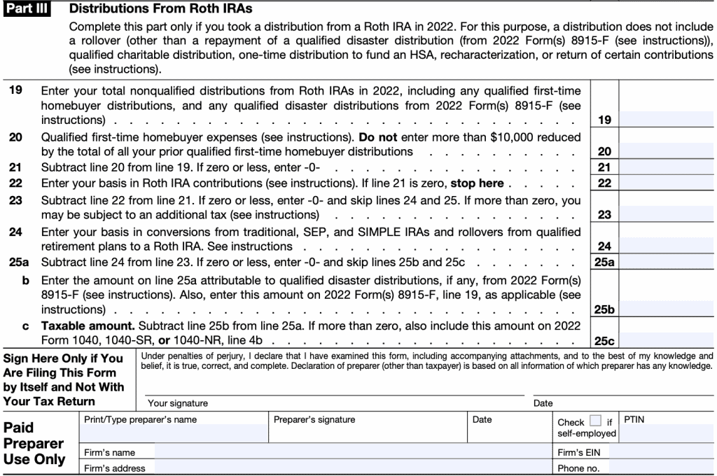 irs form 8606 part III: Distributions from Roth IRAs