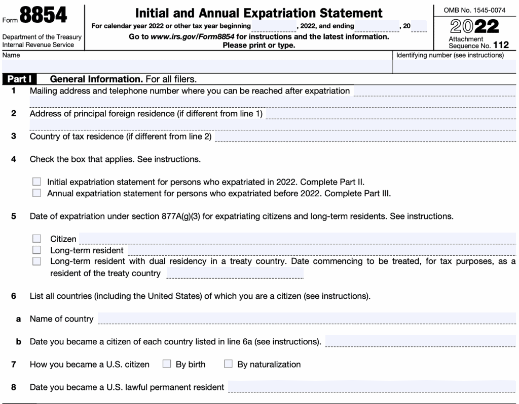 irs form 8854, Initial and annual expatriation statement, part i: General information