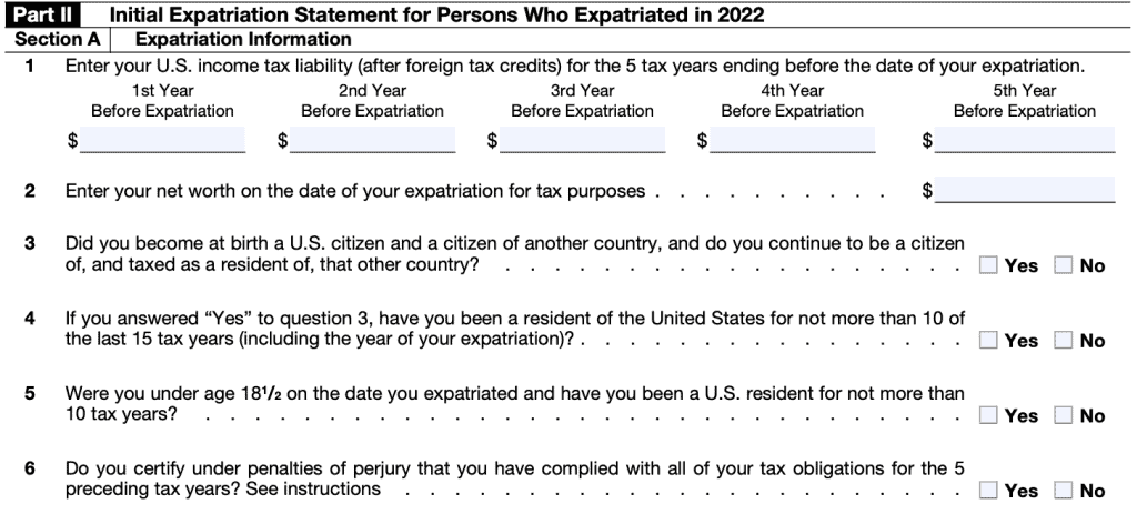 form 8854 part II, Section A: Expatriation Information