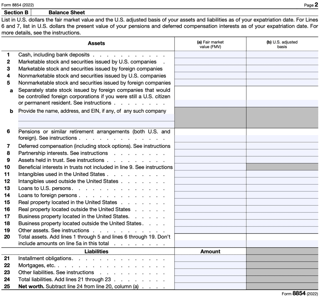 form 8854 part II, Section B: Balance Sheet