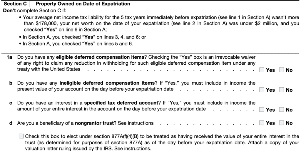form 8854 part II, Section C: Property owned on date of expatriation