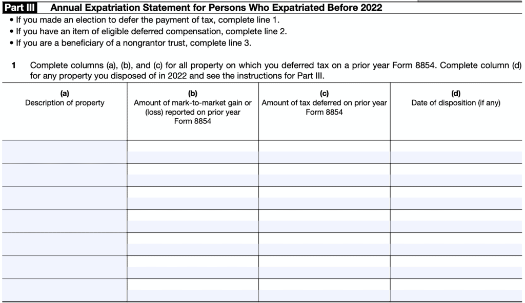 Part III: Annual expatriation statement for persons who expatriated before the tax year