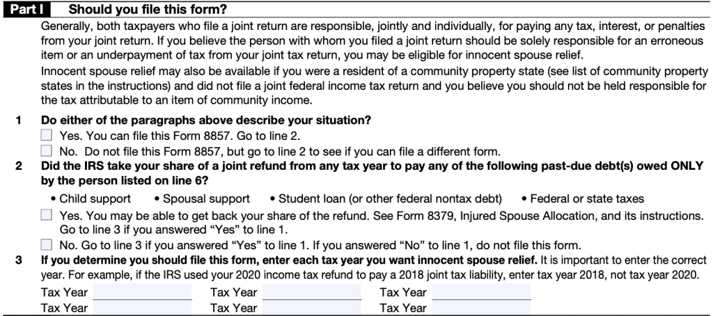 irs form 8857, part I: Should you file this form?