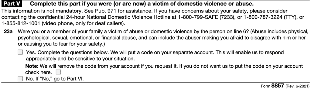 IRS Form 8857 Part V: Complete if you're a domestic violence victim