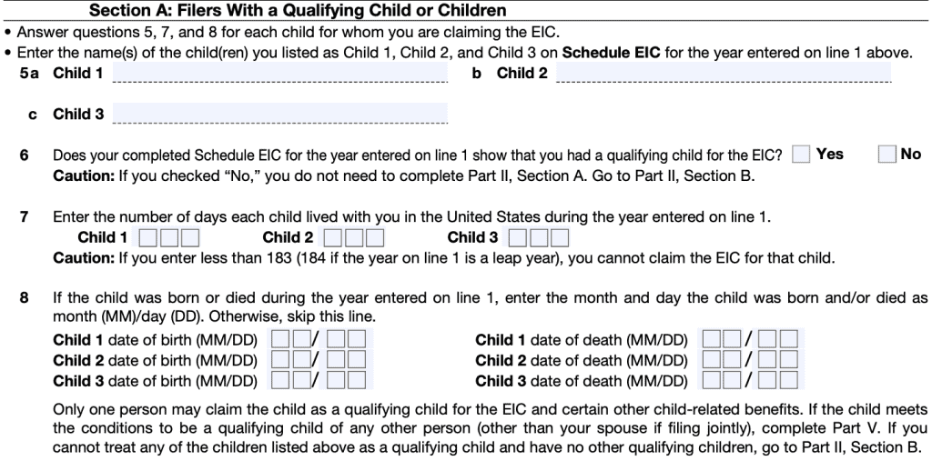 Section A: For filers with a qualifying child or children