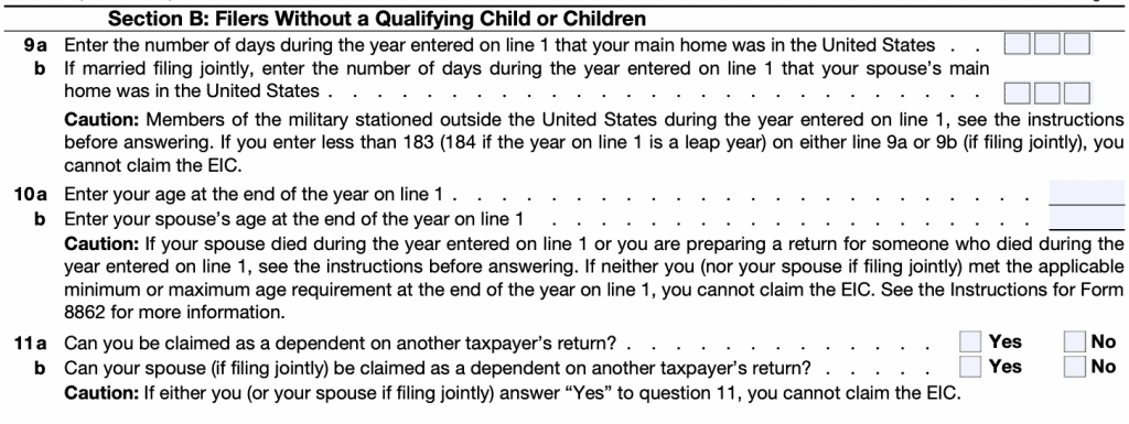 Section B: For filers without a qualifying child or children