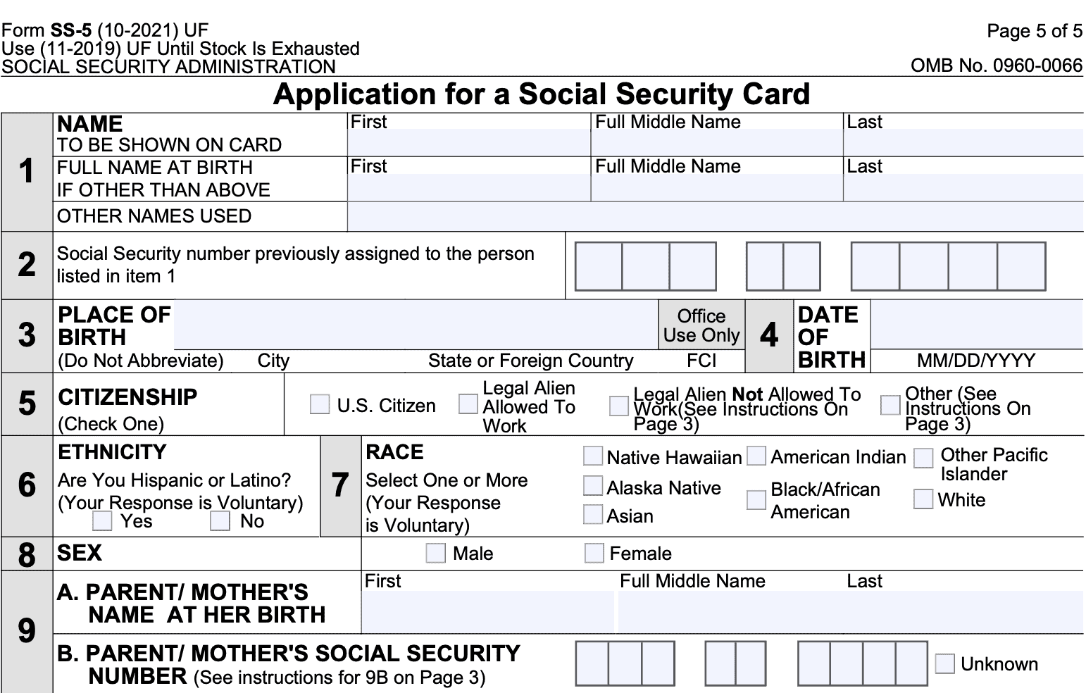 Form SS-5, Application for Social Security Card, questions 1-9