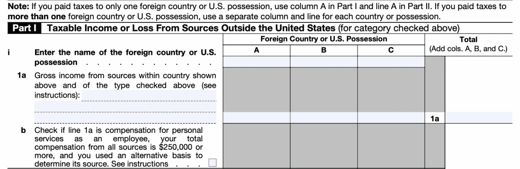 irs form 1116, part I, taxable income or loss from sources outside the united states