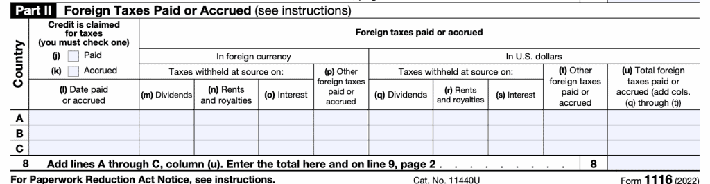 irs form 1116, part II: Foreign taxes paid or accrued