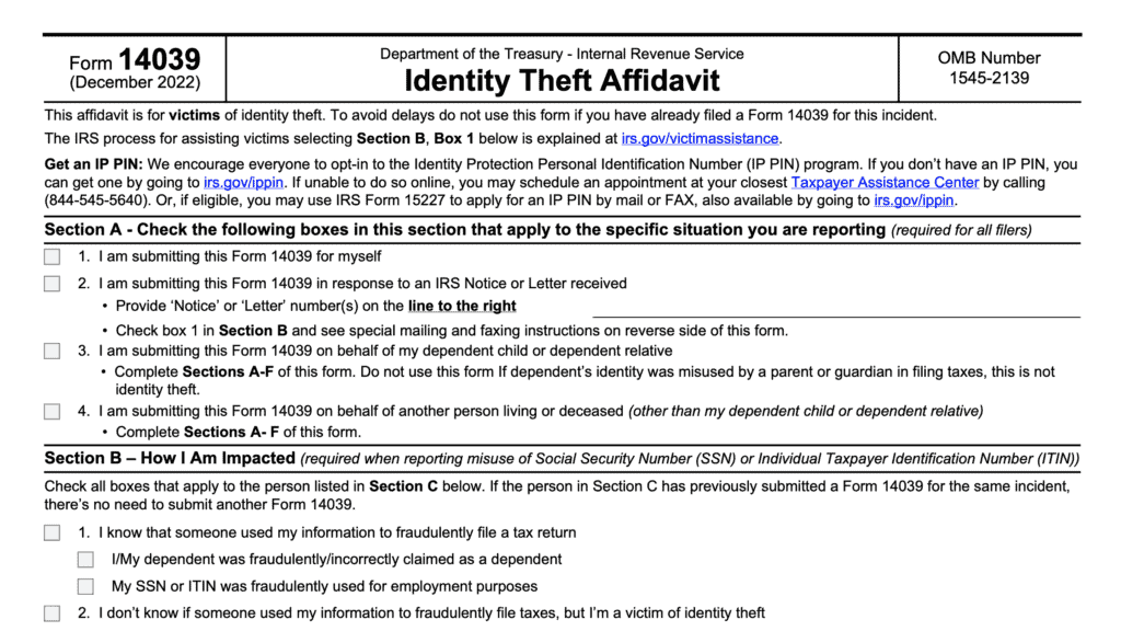 irs form 14039, identity theft affidavit
