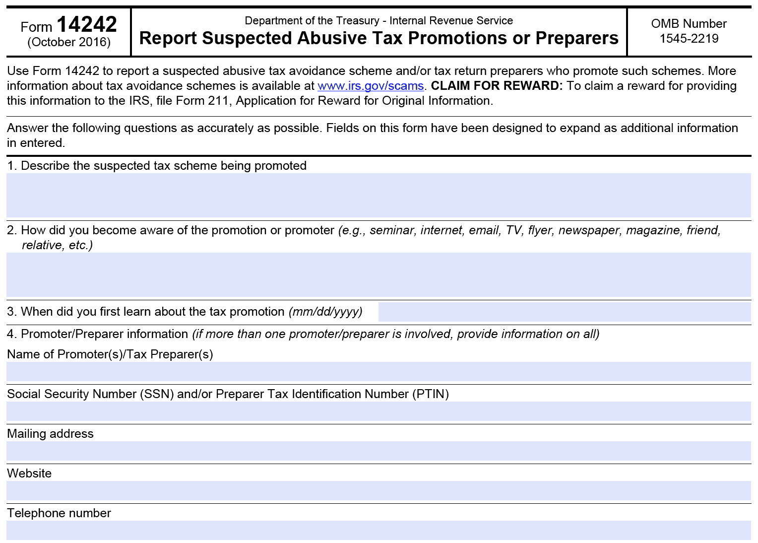 irs form 14242, questions 1-4
