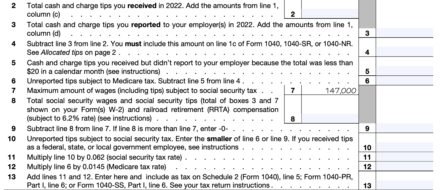 IRS Form 4137, lines 2-13